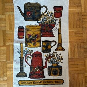 NWOT Vintage 100% Linen American Painted Fancy Tinware Tea Towel